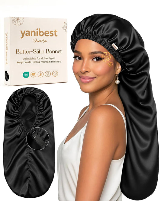 Satin Sleep Bonnet for Natural Hair - Extra Double Layer Long Adjustable Silk Hair Bonnet for Braids, Locs, Curls - Women’S Night Hair Protection Cap